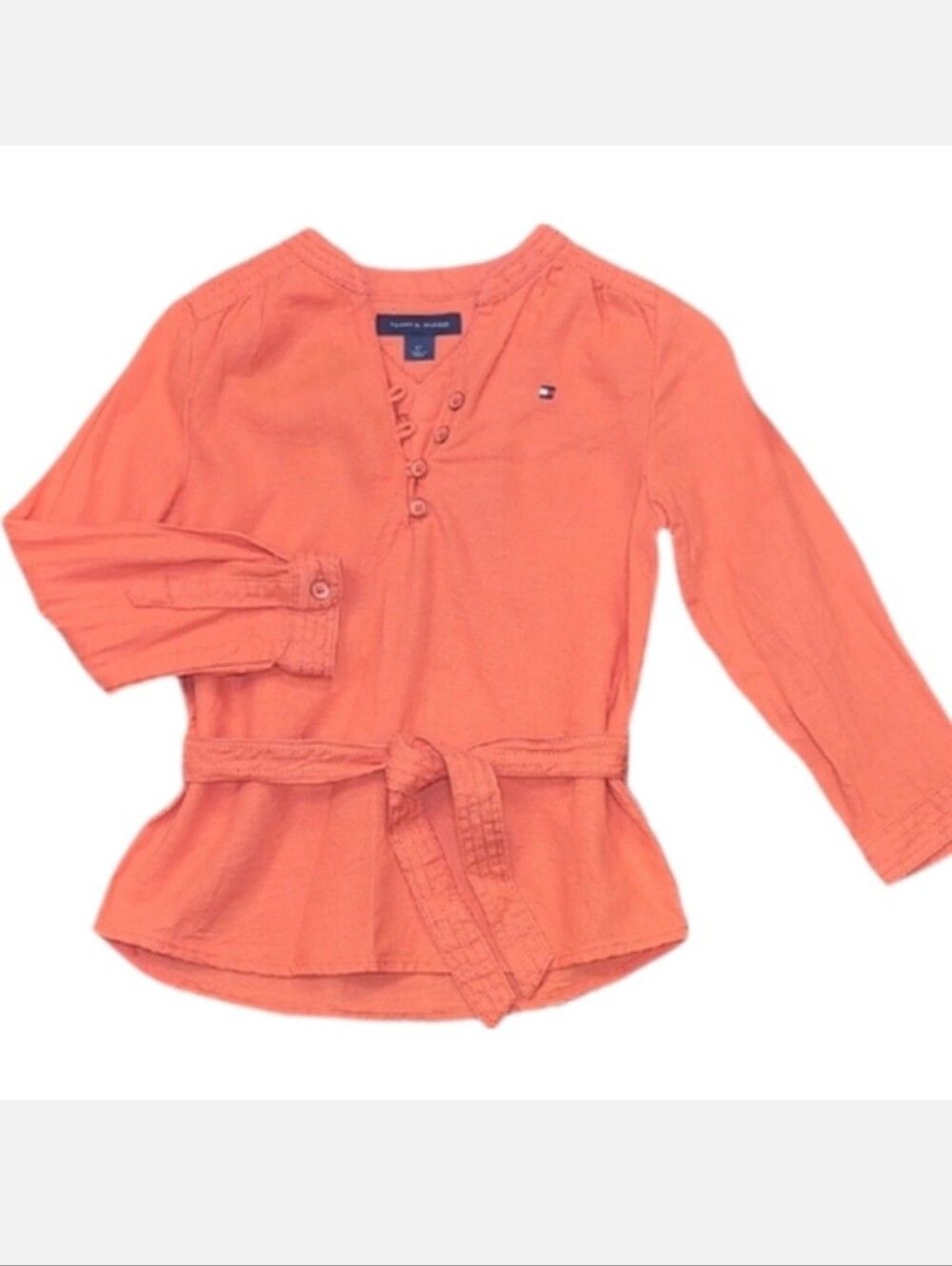 Tommy Hilfiger Girls Long Sleeve Blouse Size 4T Linen Blend Salmon Orange Belted